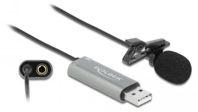 Produktbild von DeLOCK USB Krawatten Lavalier Mikrofon Omnidirektional 24 Bit / 192 kHz mit Clip und 3,5 mm Stereoklinken-Kopfhöreranschluss, Lavalier-/Aufsteckmikrofon, -30 dB, 50 - 18000 Hz, 24 Bit, 192 kHz, 74 dB