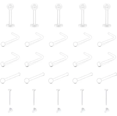Obrázok produktu pre Sada na piercing – priehľadný akryl, 25 kusov. Obsahuje: nosové piercingy (L-tvar), piercingy na labret (bradu), piercingy na obočie, piercingy na jazyk, náušnice. Dostupné veľkosti: 20G/16G