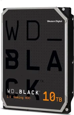 A close-up, angled view of a Western Digital WD_BLACK 10TB 3.5" Gaming HDD.