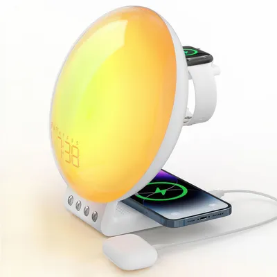 Produktbild von Sunrise Wecker , kabelloser Ladestation ,11 Farbmodi, 20 Helligkeitsstufen (0–100 %) 11 Lichtmodi, 15 Naturklänge, Dual Alarm, Alexa kompatibel
