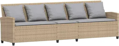 A beige poly rattan sofa with gray cushions is shown against a white background.