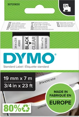 Produktbild von DYMO Original D1-Etikettenband | schwarz auf transparent | 19 mm x 7 m | selbstklebendes Schriftband | für LabelManager-Beschriftungsgerät