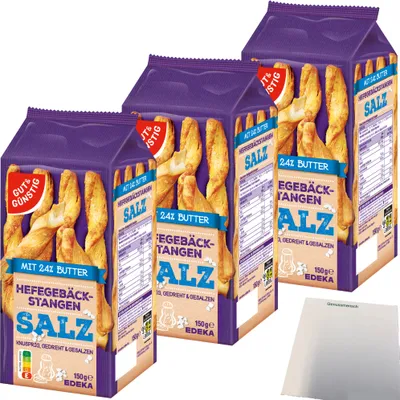 Produktbild von Gut & Günstig Gebäckstangen gesalzen aus Hefeteig gedreht 3er Pack (3x150g Packung) + usy Block