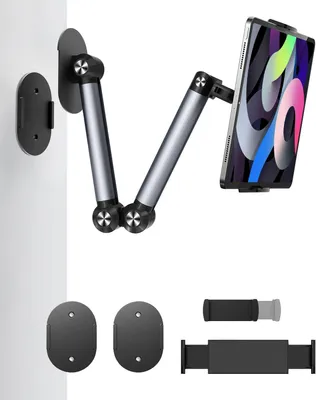 Produktbild von Wandhalterung für Tablets, verstellbarer iPad-Halter aus Aluminium für die Küche, 2 Standfüße, abnehmbare Handyhalterung für iPhone, iPad Mini, Smartphones und Tablets (4"-12,9")