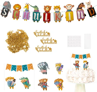 Produktbild von Oblique Unique Schuleinführung Schulanfang Einschulung Deko Set - Schulkind Girlande + Torten Topper + Schulkind Konfetti