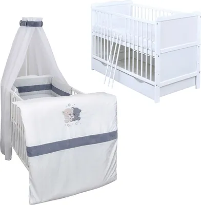 Produktbild von Baby-Delux Babybett Kinderbett Jack 140×70 weiß inkl. Schublade Bettwäsche komplett Set Loving Bears
