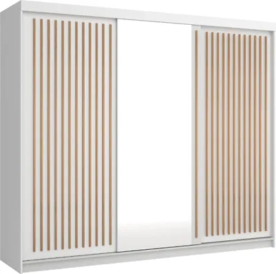 Produktbild von Kleiderschrank ROYAL 250 cm Schrank mit Spiegiel Lamellen Schwebetürenschrank 3-türig Kleiderstange Weiß + Wotan Lamellen
