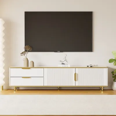 Produktbild von CDGlobal TV Schrank mit 2 Schließfach und 2 Schublade,goldenen Griffen und Füßen, Fernsehschrank für Wohnzimmer und Esszimmer,175 x 40 x 45 cm