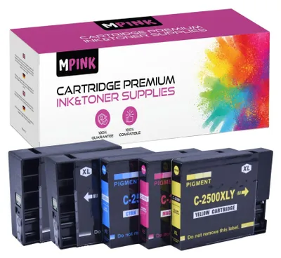 A box of printer ink cartridges with several cartridges displayed below.