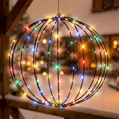 Productafbeelding van Metallische lichtbol zwart met knipperend effect voor buiten, met timer - 30 cm - Tuindecoratieverlichting met 140 LED's in verschillende kleuren, op batterijen en met knipperfunctie