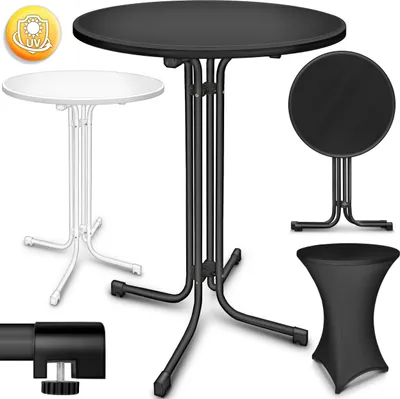 Several bistro tables and a table cover are displayed against a white background.