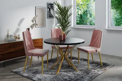 Produktbild von Runder Ausziehbarer Esstisch mit Goldenen X-Gestell Beinen - ⌀ 100-180 cm - Loft Industriell Design - für 4-6 Personen - Schwarz