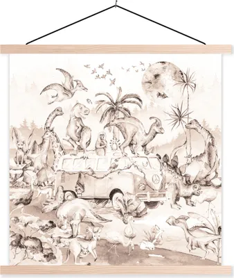 Produktbild von MuchoWow® Textilposter Dinosaurier - Bus - Kinder - Tiere - Bäume 60x60 cm mit holzfarbenen Rahmen - Wanddekoration
