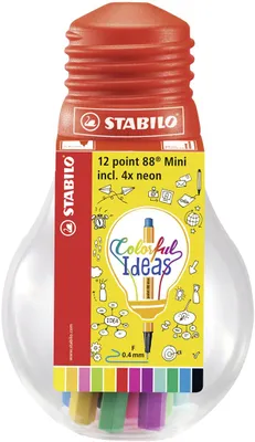 Zdjęcie produktu dla Fineliner - STABILO point 88 Mini - Colorful Ideas - 12-pak - z 12 różnymi kolorami w zamykanym opakowaniu w kształcie żarówki