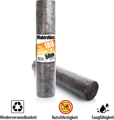 Two rolls of painter's fleece are shown against a white background, with icons and text indicating product features.