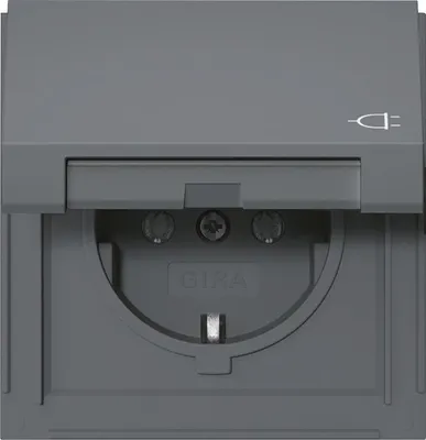 A close-up, front-facing view of a gray electrical outlet with a flip-up cover.