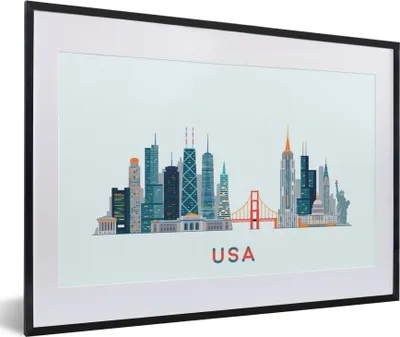 Produktbild von MuchoWow® MuchoWow® Gerahmtes Poster USA - Skyline - Freiheitsstatue 60x40 cm - Poster mit zchwarzem Bilderrahmen - Schlafzimmer - Plakat in Rahmen - Drucken