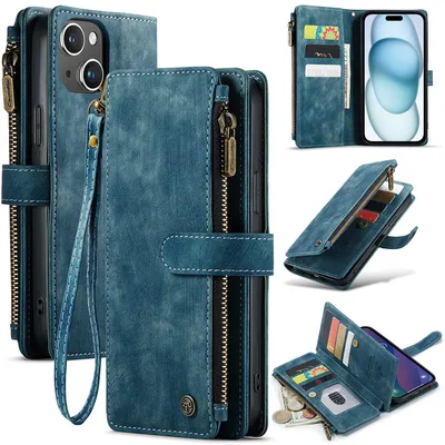 Obrázek produktu pro Kůže pouzdro pro iPhone 15,PolyuretanKožené Pouzdro na Zip, Magnetické Uzavírání, Kapsa na Karty, Stojánek, Peněženka pouzdro modré