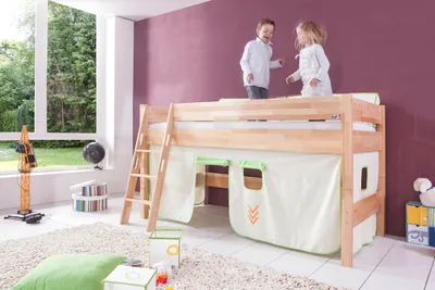 Produktbild von Relita Halbhohes Spielbett Kim Buche massiv natur lackiert mit Textil-Set, beige/hellgrün