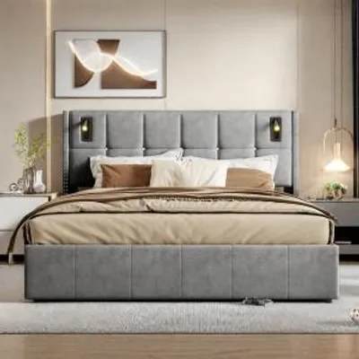 Image de UnboxG Lit rembourré 140x200cm, lit double, tête de lit à rangement, éclairage LED à la tête du lit, avec rangement hydraulique, lin, gris