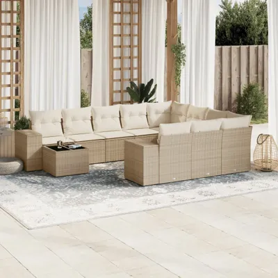 Produktbild von Design 11-tlg. Garten-Sofagarnitur mit Kissen Beige Poly Rattan, Gartenmöbel-Sets 2024 Neu
