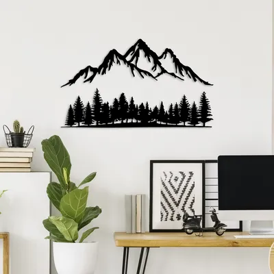 Image de Wallity, Nature And Mountain - 3, Accessoire mural décoratif en métal, 100 % METAL, noir, 70 x 22 cm