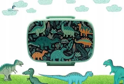 Zdjęcie produktu dla Lunchbox dla dzieci z przegródkami i sztućcami Dinozaury Zielony BPA Free