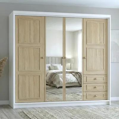 Produktbild von Geräumiger vier­türiger Kleiderschrank OSLO mit Schubladen und Metallgriffen – modernes Design Farbe:Weiß | Sonoma