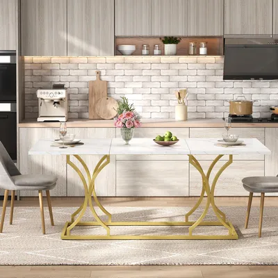 Productafbeelding van Eettafel 200x80 cm, geschikt voor 8 tot 10 personen, moderne eettafel met een marmerlook en gouden metalen poten