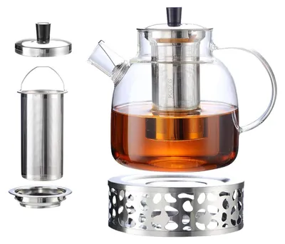 Produktbild von 1.5L Groß Teekanne Glas,Borosilikatglas Teeservice,Teekanne mit Sieb und Stövchen, Hält lange warm, Spülmaschinenfest