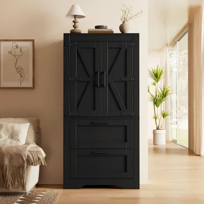Produktbild von Merax Hochschrank Küchenschrank mit Scheunentür Design, Landhausstil Vitrine mit 2 Schubladen, verstellbare Einlegeböden, Esszimmer Wohnzimmer,Schwarz