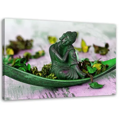 Produktbild von Leinwandbild buddha-statue und blumenblüten grün 90x60 cm Feeby grün wandbild bereit zum aufhängen