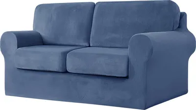 Produktbild von (Blau) 5-teiliger Stretch-Sofabezug, 2-Sitzer-Couchbezug mit separaten Rückenlehnen und Kissen mit Gummiband