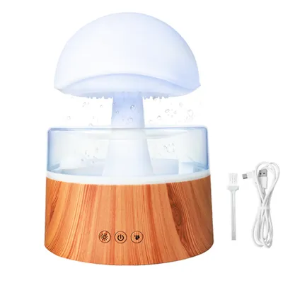A mushroom-shaped humidifier with a wood-grain base, emitting mist.