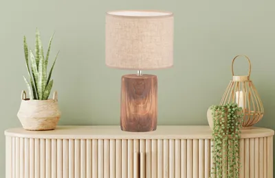 Produktbild von LED Tischlampe 43cm groß mit Lampenschirm Leinen Beige & Betonfuß Holzoptik