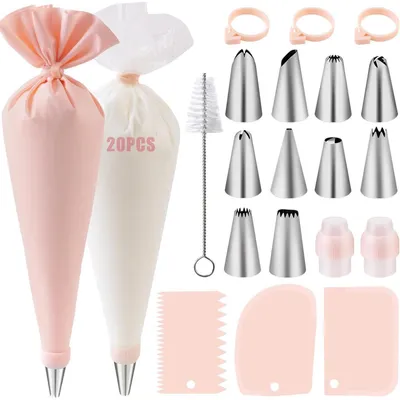Produktbild von Spritzbeutel Set mit 40 Teilen für Tortendekoration, Edelstahl-Tüllen, Silikonbeutel, Hellrosa
