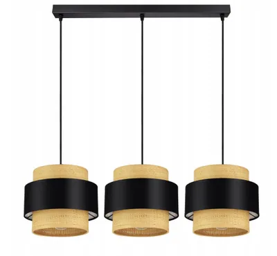 Zdjęcie produktu dla LUXOLAR Lampa wisząca 3-punktowa E27 LED 60W rattan, czarna - Lampa sufitowa wisząca z rattanowym abażurem - idealna do salonu, biura, sypialni