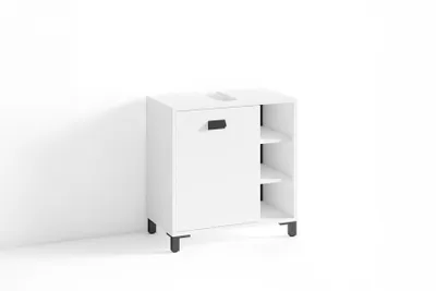 Produktbild von byLIVING Waschbeckenunterschrank WELLNESS / Waschtisch Unterschrank stehend, in Melamin weiß, Griff aus Metall in schwarz / 1-türig und drei offene Fächer / B 60, H 62, T 34 cm