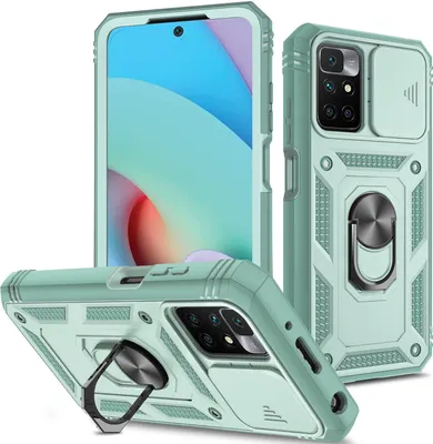 Produktbild von Redmi 10 Hülle, Schiebe Kamera Schutz Robust Schutzhülle mit Ringhalterung Ständer Kartenhalter für Xiaomi Redmi 10 Grün
