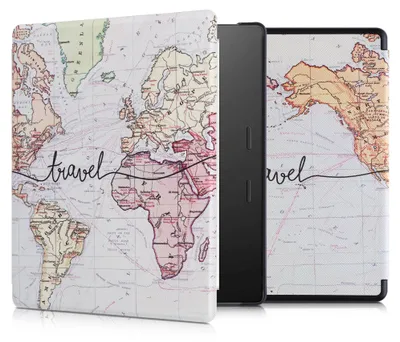 Produktbild von kwmobile Schutzhülle für Amazon Kindle Oasis 10. Generation Hülle - eReader Flip Case mit Auto Sleep Funktion - Travel Schriftzug mit Schwarz