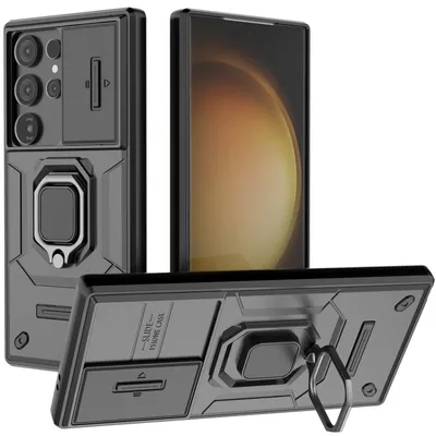 Produktbild von Hülle für Samsung Galaxy S25 Ultra Dual Layer Handyhülle Schiebe Kamera Schutz und Ringhalter Ständer Schwarz