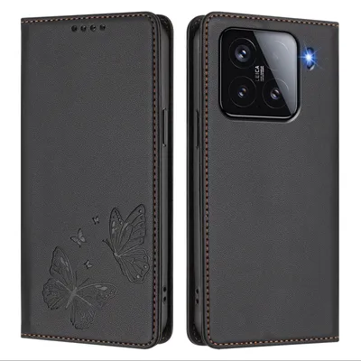 Obrázek produktu pro Kožené pouzdro pro Xiaomi 15, motýlí ražbou, peněženkové flip pouzdro se stojánkem Černá
