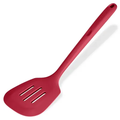 Zdjęcie produktu dla Silikonowa łopatka do smażenia z otworami, 34,5 x 9,5 cm, czerwona, odporna na temperaturę do 315°C, wolna od BPA