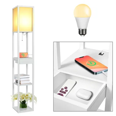 Productafbeelding van Puluomis 3-laags staande lamp met lade, staande lamp 160 cm met E27 fitting, vloerlamp van hout met 2 USB-poorten, inclusief 8W lamp, kleur wit