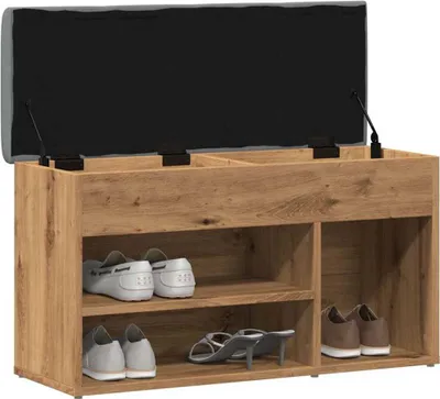 A shoe bench with storage compartments and a lift-up lid, displaying various shoes on its shelves.