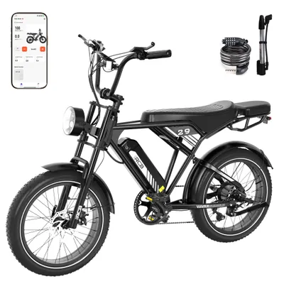 A black electric mountain bike is shown against a white background, with accessories and a smartphone app displayed.
