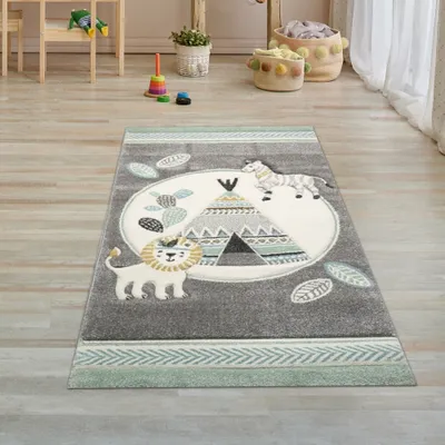 Produktbild von Kinderzimmer Teppich Spielteppich Indianer Zelt Löwe Zebra Kaktus grau creme gelb Größe - 80 x 150 cm