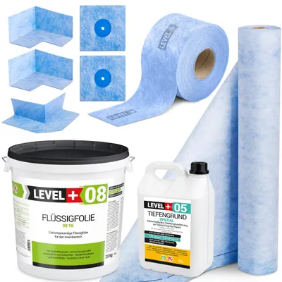 Zdjęcie produktu dla Zestaw do Hydroizolacji Folia w płynie 20kg Taśma uszczelniająca 15mb Grunt 5L Mata 1mb Level+ SET39