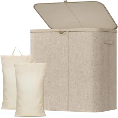 Zdjęcie produktu dla Kosz na pranie z pokrywą składany 140 l 2 komory Beżowy 60 x 40 x 66,5 cm