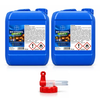 Produktbild von Kamin-Ethanol 99,98% Alkohol-Gehalt, wasserfrei I 10 Liter / 2 x 5 Ltr. Kanister I Bioethanol I inkl. 1 x AGH I HERRLAN-Qualität